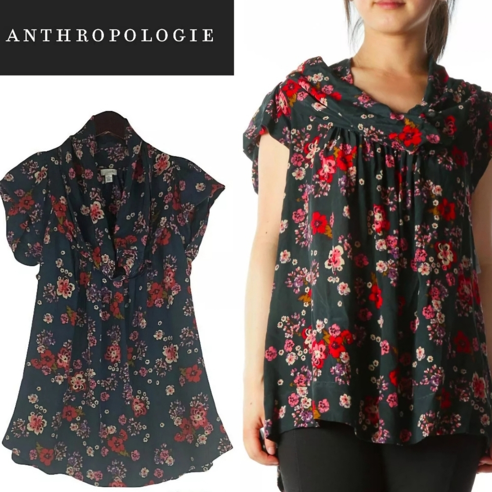 Odille Anthropologie Women's 100% Silk Teal Floral Cowl Neck Shirt Size 10.